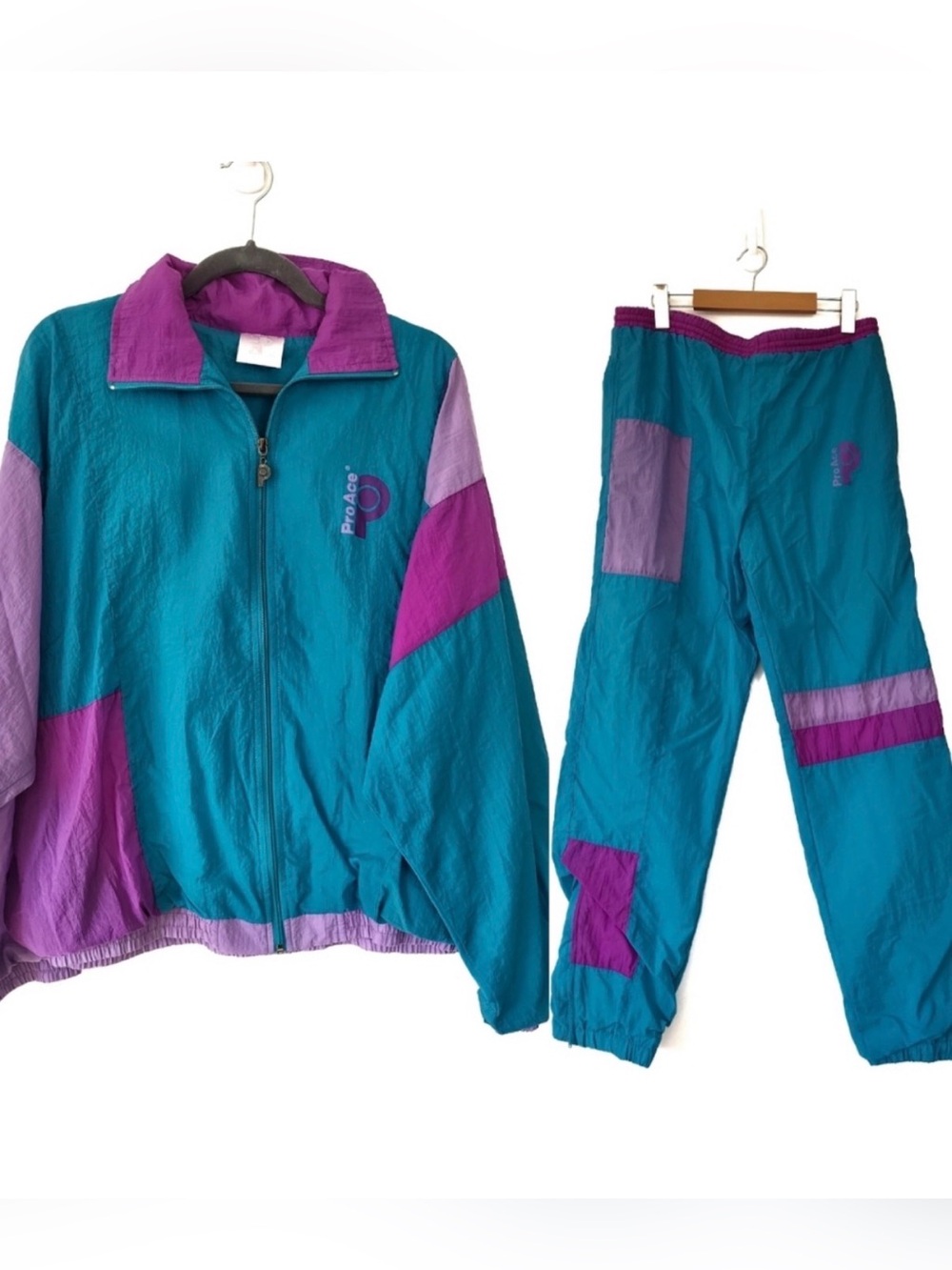 Vintage Teal and Purple Athletic Windbreaker Track Suit Set Jacket & Track Panrs